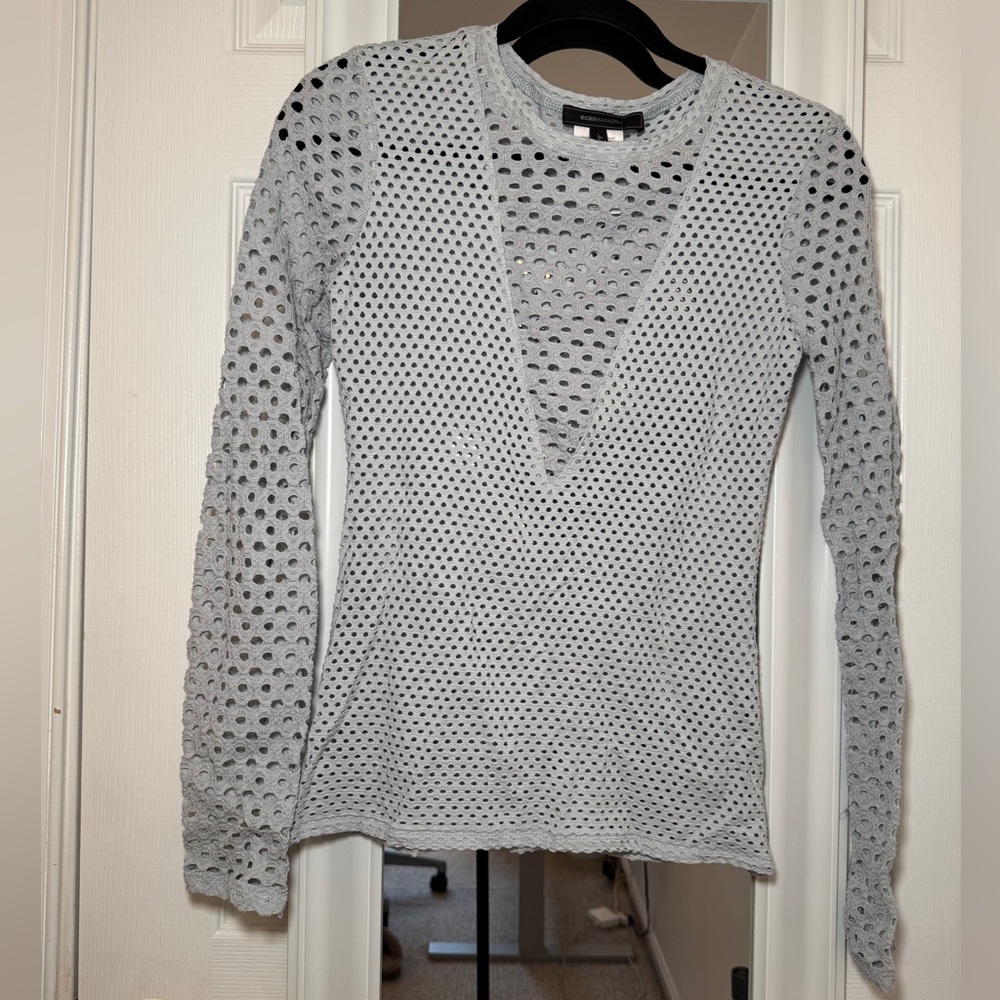 BCBG Max Azria Grey Mesh Long Sleeve V Neck Top Sheer Fitted Small